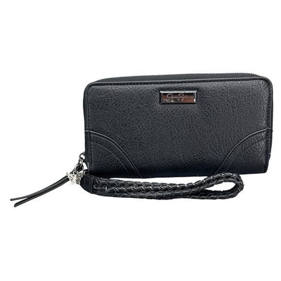 Jessica Simpson Black Leather Butterfly Wristlet Zip Wallet - Picture 1 of 8